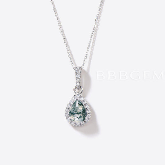Teardrop Green Moss Agate Pendant Diamond Halo Necklace Charm Necklace