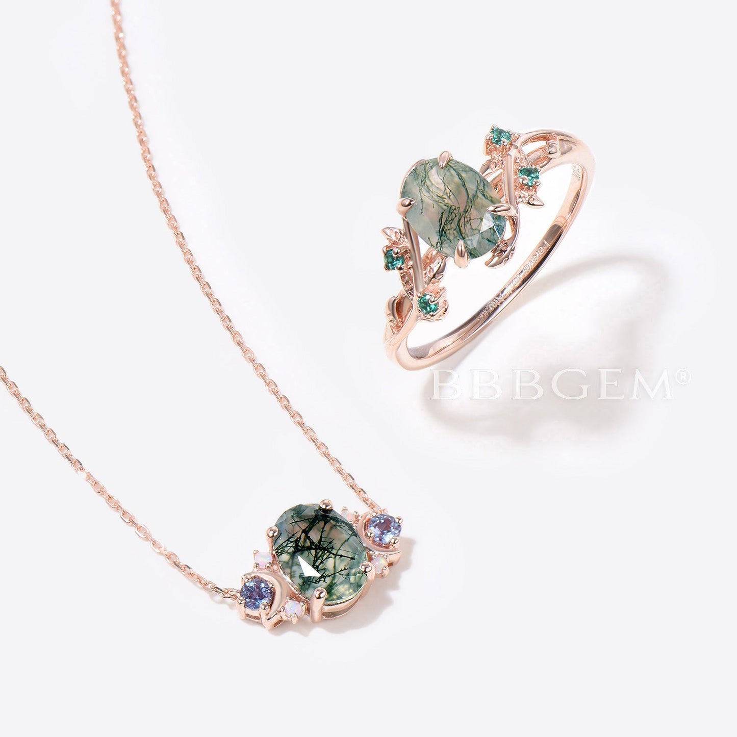 Natural Moss Agate Necklace and Ring Jewelry Set Celestial Moon Oval Green Moss Necklace Nature Inspired Leaf Aquatic Agate Ring Gemstone Jewelry Set