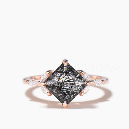 Princess Cut Natural Black Rutilated Quartz Wedding Ring Moissanite Cluster Ring