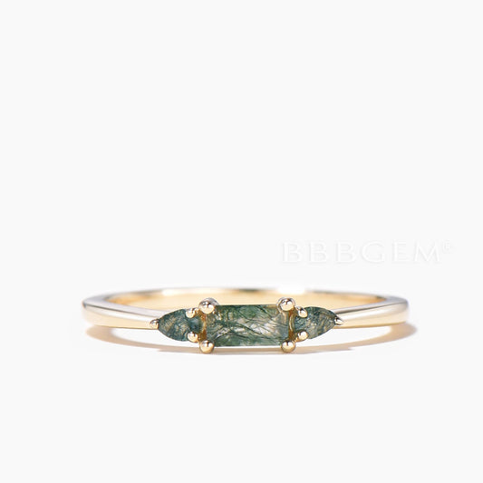 Baguette Cut Natural Moss Agate Engagement Ring Green Agate Three Stone Ring
