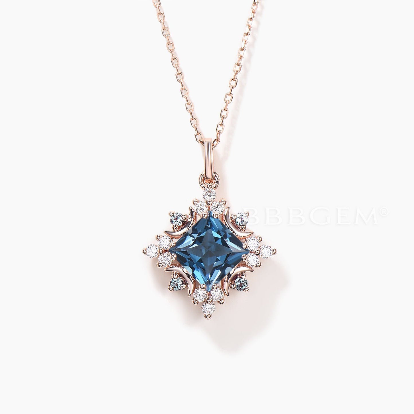 Celestial Moon Princess Cut Natural London Blue Topaz Halo Diamond Necklace