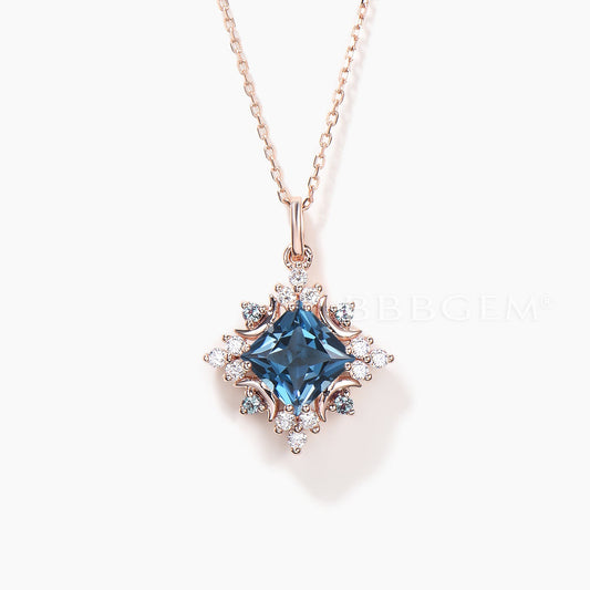 Celestial Moon Princess Cut Natural London Blue Topaz Halo Diamond Necklace