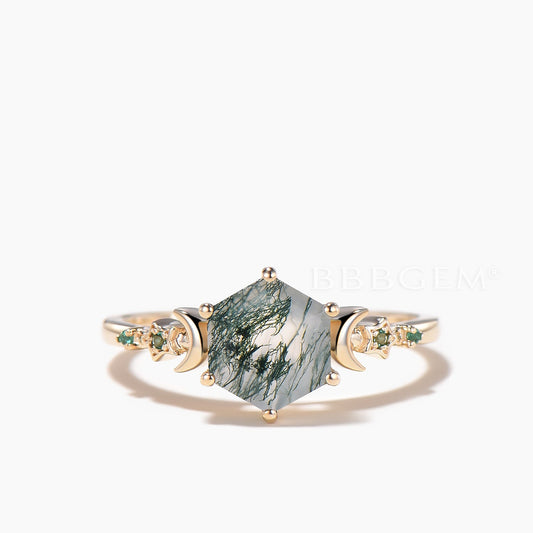 Hexagon Cut Natural Moss Agate Moon Engagement Ring Emerald Celestial Ring