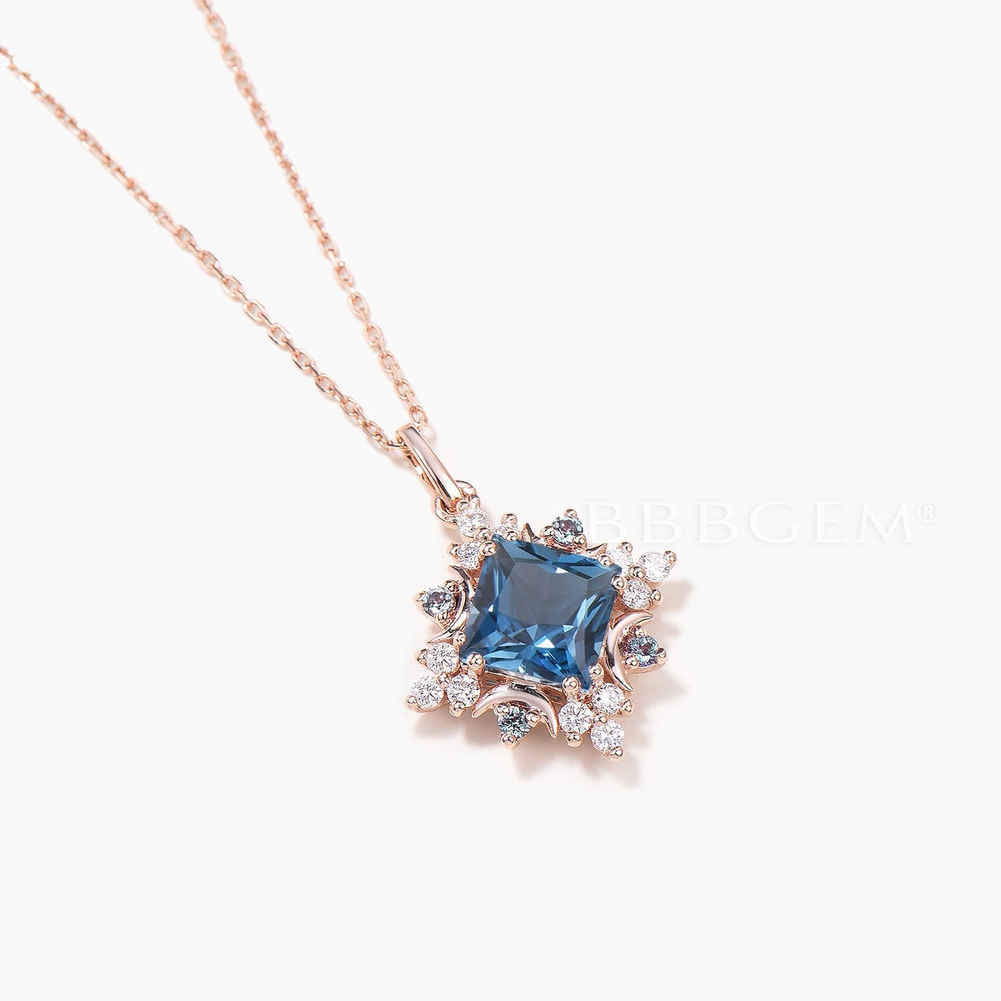 Celestial Moon Princess Cut Natural London Blue Topaz Halo Diamond Necklace