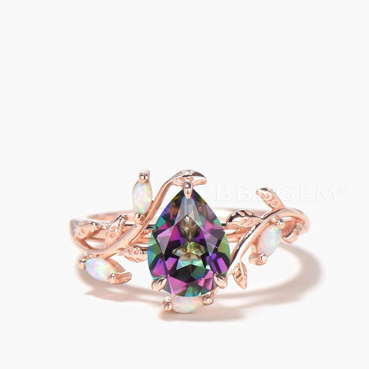 Nature Inspired Ring 1.25 CT Teardrop Cut Mystic Topaz Leaf Engagement Ring