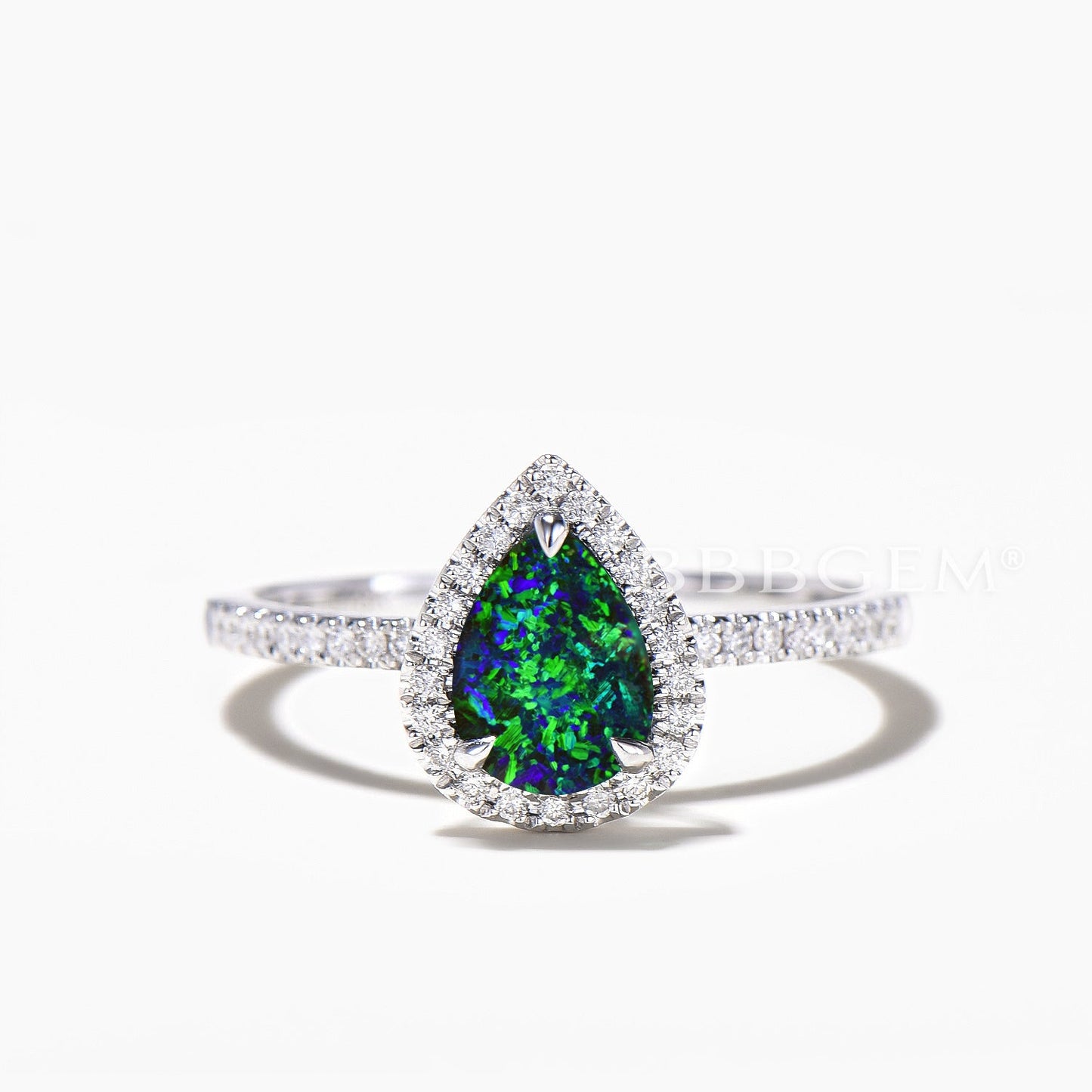 1.25CT Pear Cut Black Opal Half Eternity Engagament Ring Diamond Halo Ring