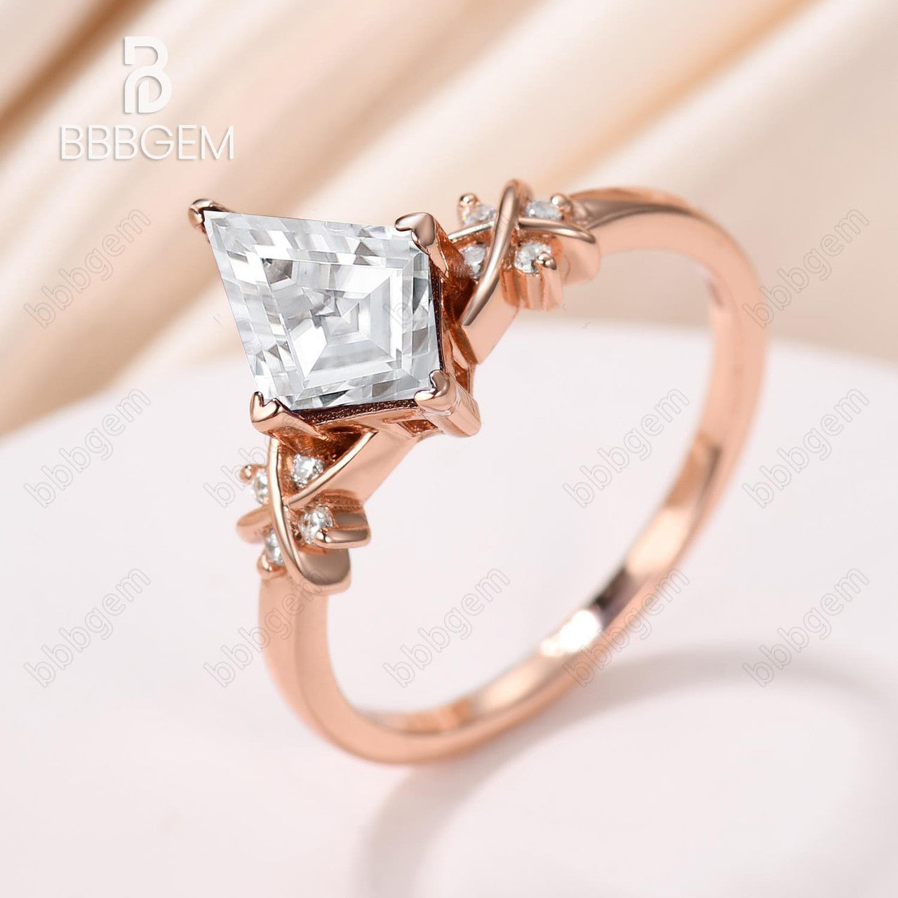 18K Rose Gold Kite Moissanite and Diamond Engagement Ring 4 Prong Vintage Inspired Women Promise Ring