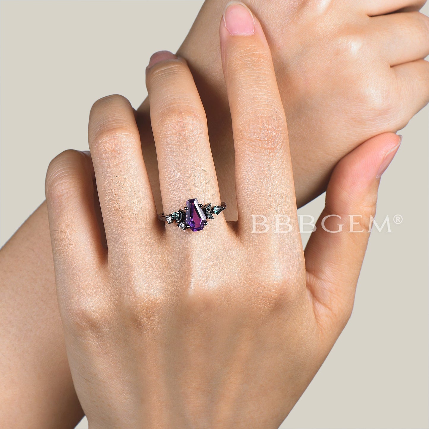 Coffin Natural Amethyst Moon Engagement Ring Emerald Cluster Celestial Ring