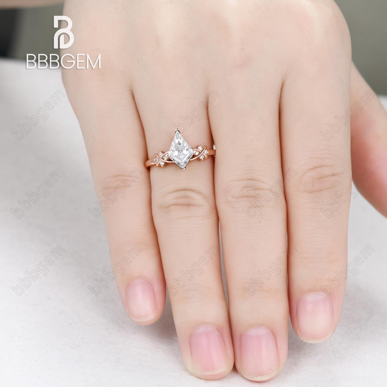 18K Rose Gold Kite Moissanite and Diamond Engagement Ring 4 Prong Vintage Inspired Women Promise Ring