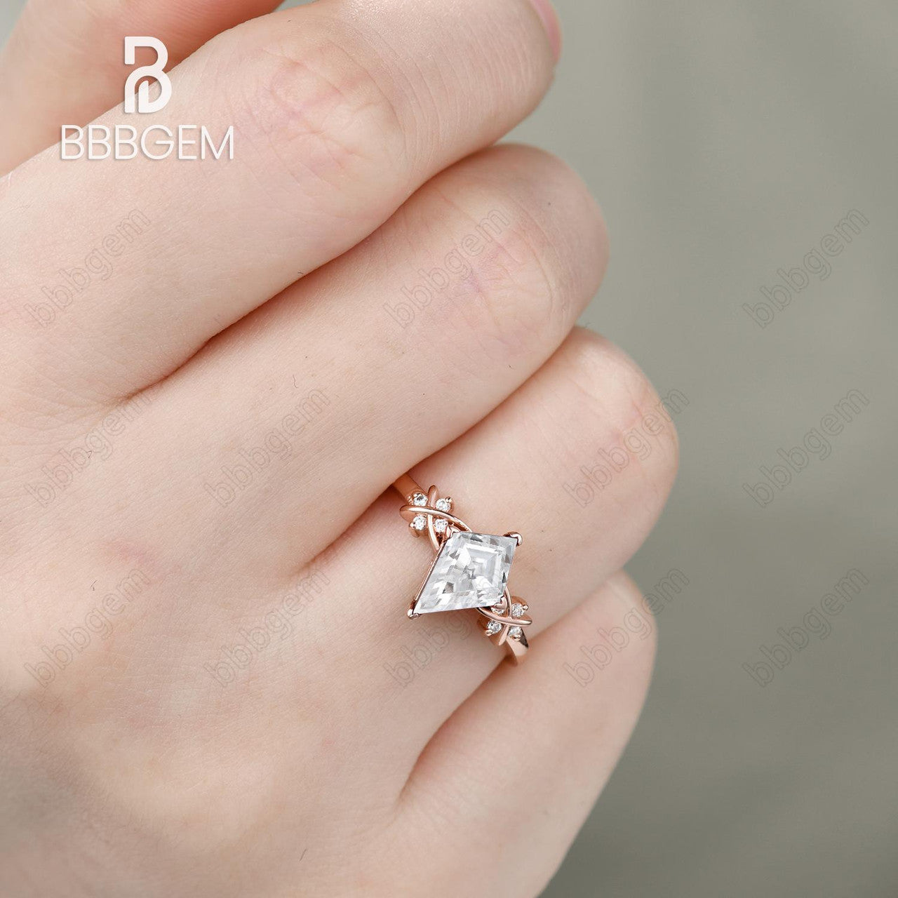 18K Rose Gold Kite Moissanite and Diamond Engagement Ring 4 Prong Vintage Inspired Women Promise Ring
