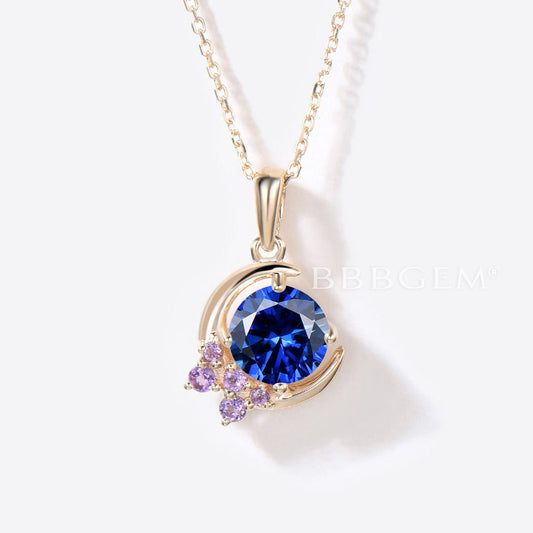 Moon Design 5mm Round Blue Sapphire Pendant Cluster Amethyst Necklace
