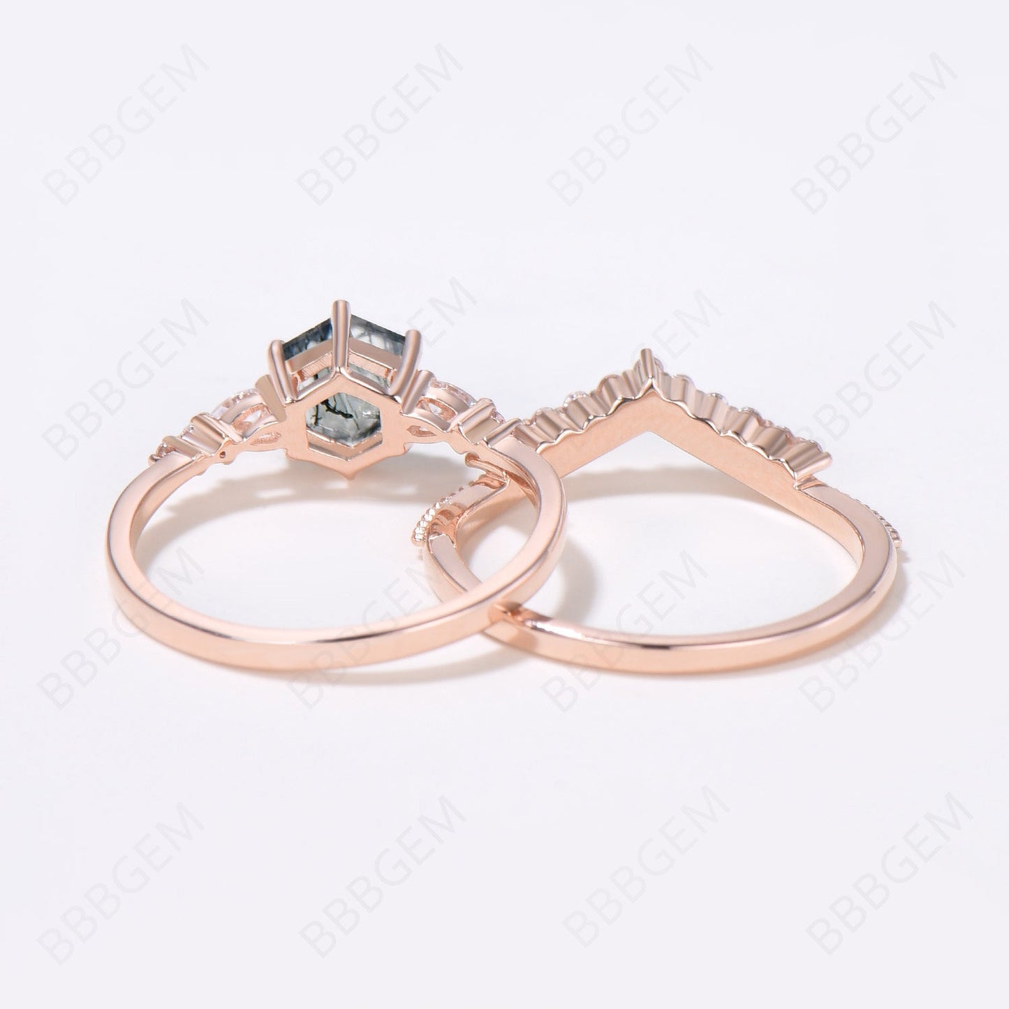 Hexagon Black Rutilated Quartz Ring Milgrain Moissanite Ring