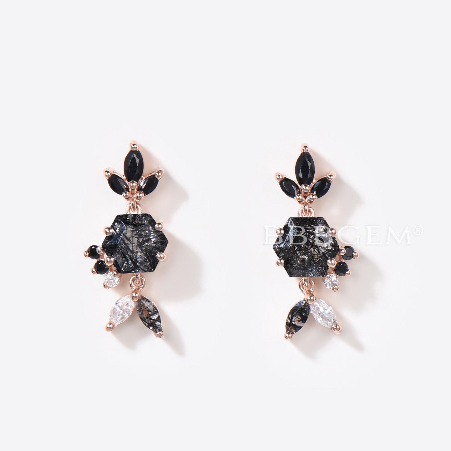 Hexagon Cut Genuine Black Rutilated Quartz Stud Earrings Black Gemstone Earrings