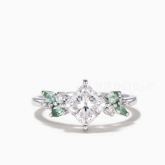Princess Cut IGI Certificate Lab Grown Diamond Green Sapphire Cluster Wedding Ring