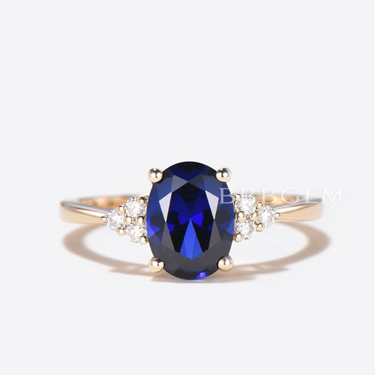 Yellow Gold Lab Created Sapphire Three Stone Moissanite Ring with 6x8mm Blue Oval Lab Sapphire