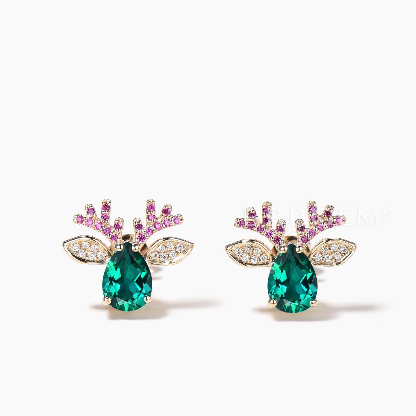 Teardrop Cut Emerald Stud Earrings Ruby Diamond Christmas Reindeer Earrings