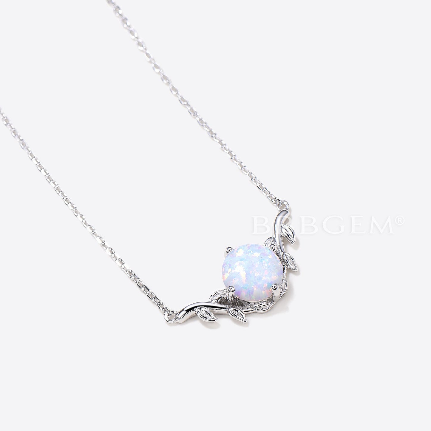 Round Cut White Opal Pendant Leaf Nature Inspired Solitaire Necklace