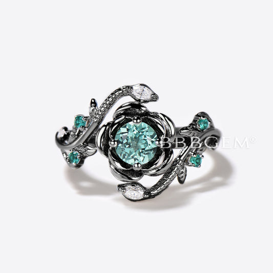 White Gold Snake Engagement Ring Flower Round Green Sapphire Ring