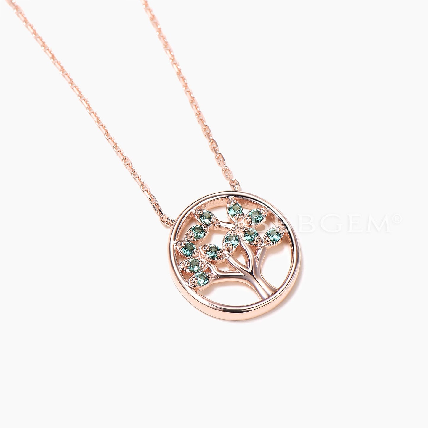 Nature Inspired Necklace Round Cut Emerald Tree Rose Gold Bezel Set Pendant