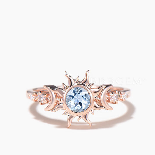 Rapunzel Inspired Celestial Ring Round Cut Natural Aquamarine Sun Wedding Ring