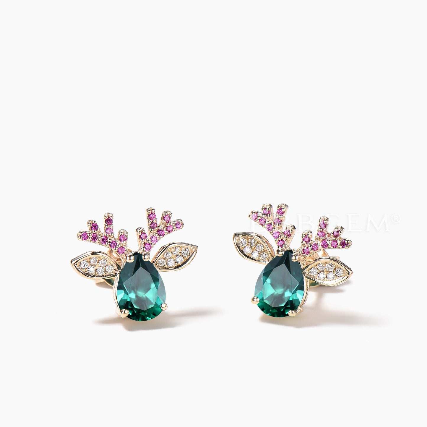 Teardrop Cut Emerald Stud Earrings Ruby Diamond Christmas Reindeer Earrings