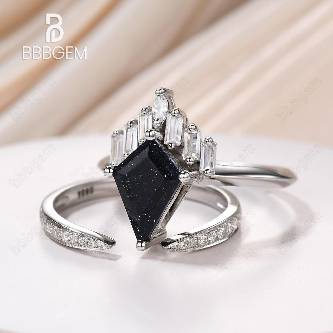 Knife-Edge Kite Blue Sandstone Engagement Ring Vintage Blue Goldstone Horizontal Baguette Moissanite Statement Ring Set Open Gap Pave Diamond Band