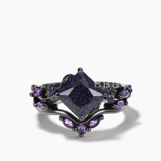 Princess Cut Blue Sandstone Twisted Ring Amethyst Nature Inspired Bridal Set