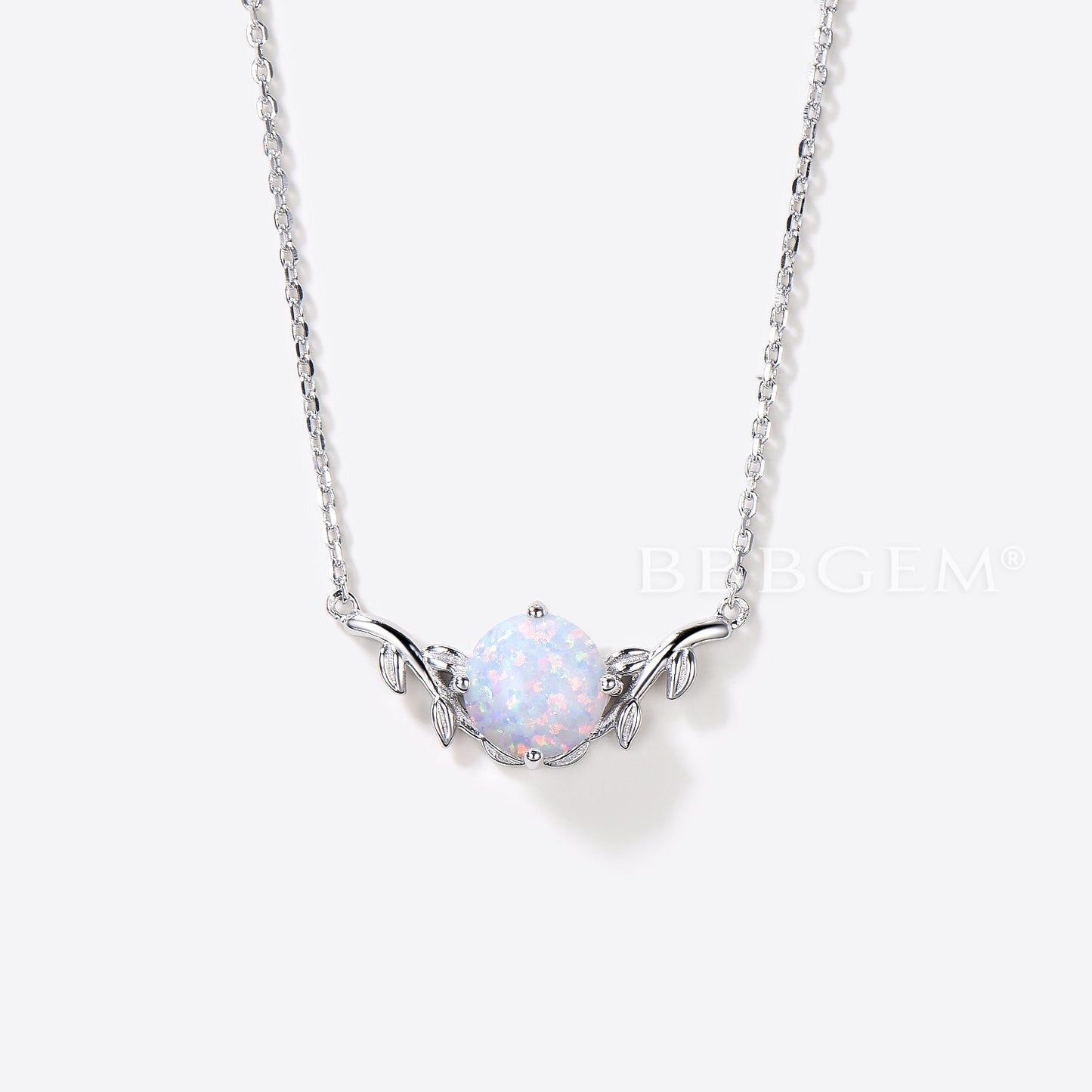 Round Cut White Opal Pendant Leaf Nature Inspired Solitaire Necklace