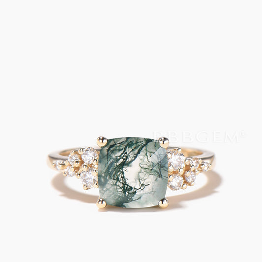 Cushion Cut Natural Moss Agate Engagement Ring Moissanite Cluster Ring