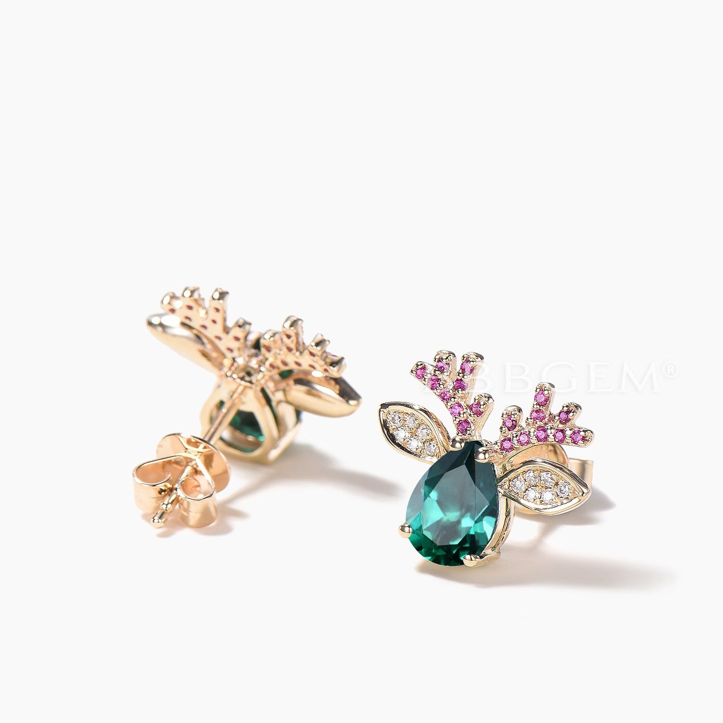 Teardrop Cut Emerald Stud Earrings Ruby Diamond Christmas Reindeer Earrings