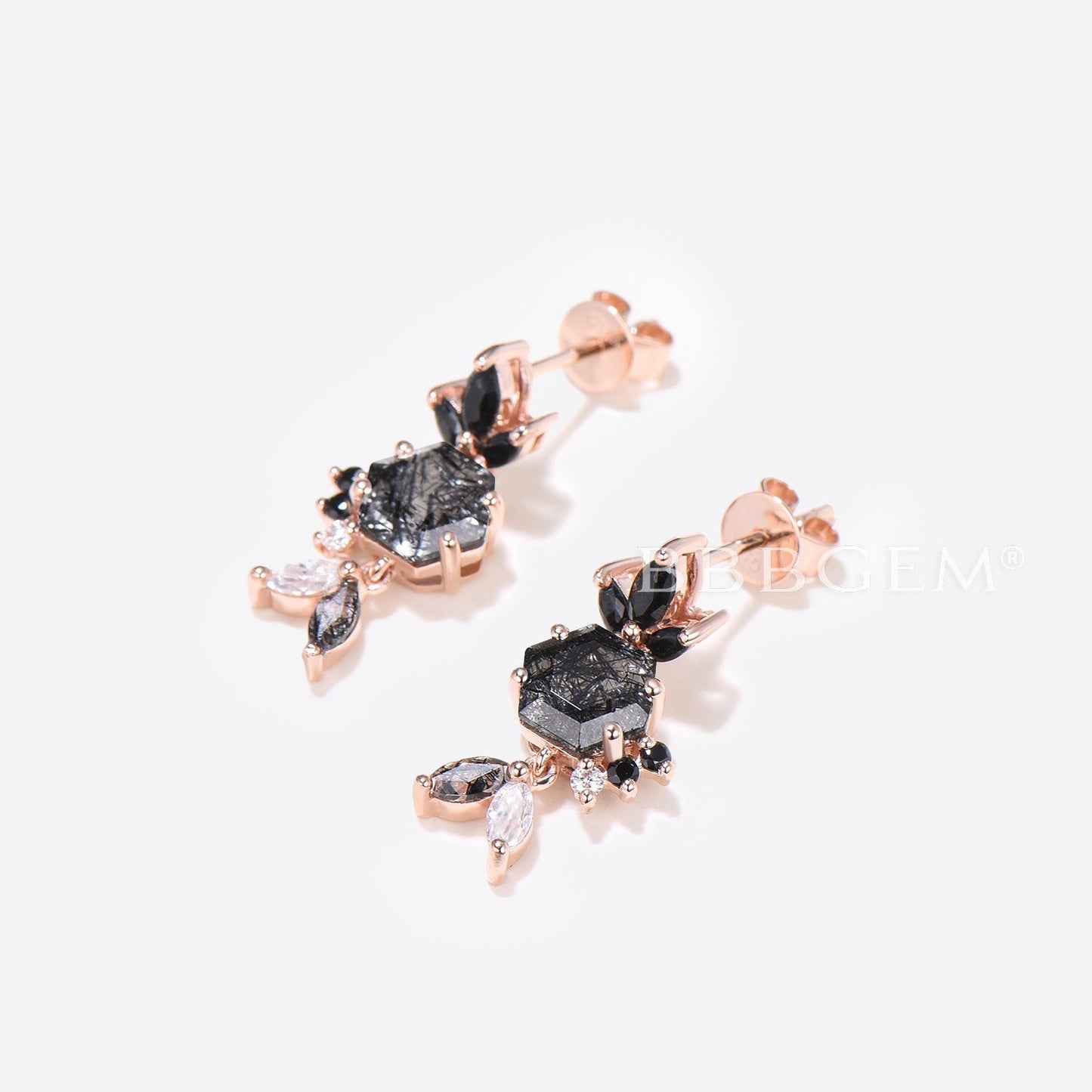 Hexagon Cut Genuine Black Rutilated Quartz Stud Earrings Black Gemstone Earrings