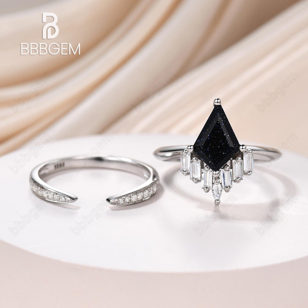 Knife-Edge Kite Blue Sandstone Engagement Ring Vintage Blue Goldstone Horizontal Baguette Moissanite Statement Ring Set Open Gap Pave Diamond Band