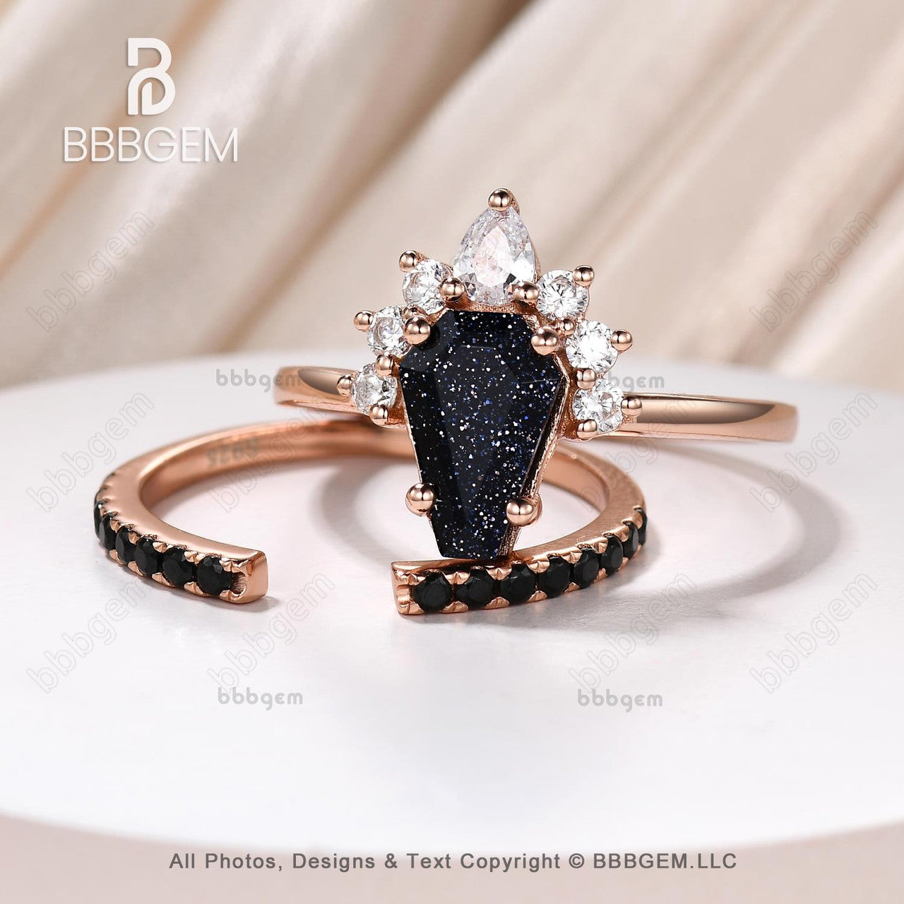 Dark Cluster Coffin Cut Blue Sandstone Wedding Ring Set for Women in Rose Gold Plated Silver Gothic Blue Sandstone Spinel Coffin Engagement Rings Unique Gift  