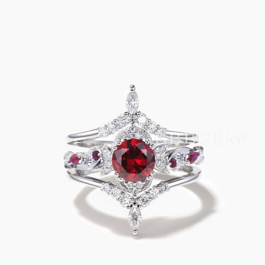 3PC Bridal Set Round Cut Ruby Moon Engagement Ring Diamond Curved Band