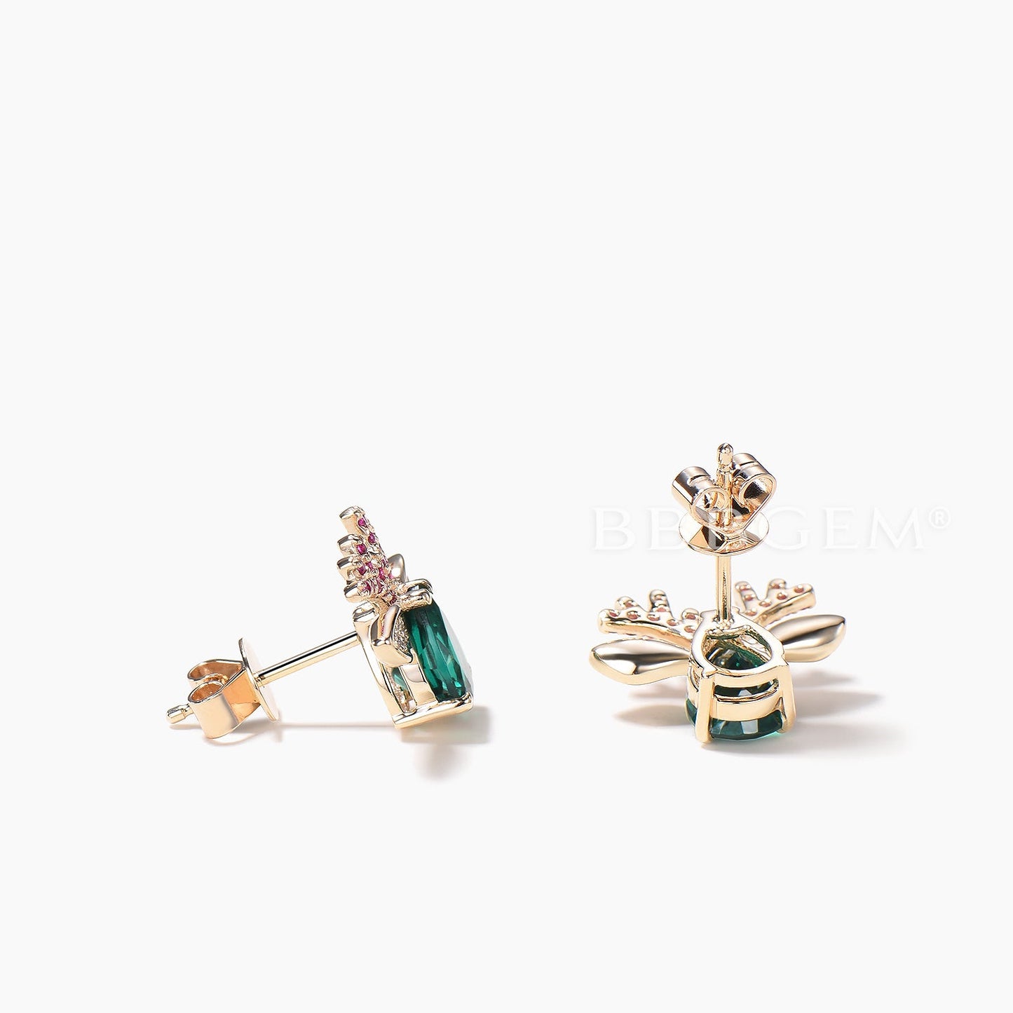 Teardrop Cut Emerald Stud Earrings Ruby Diamond Christmas Reindeer Earrings