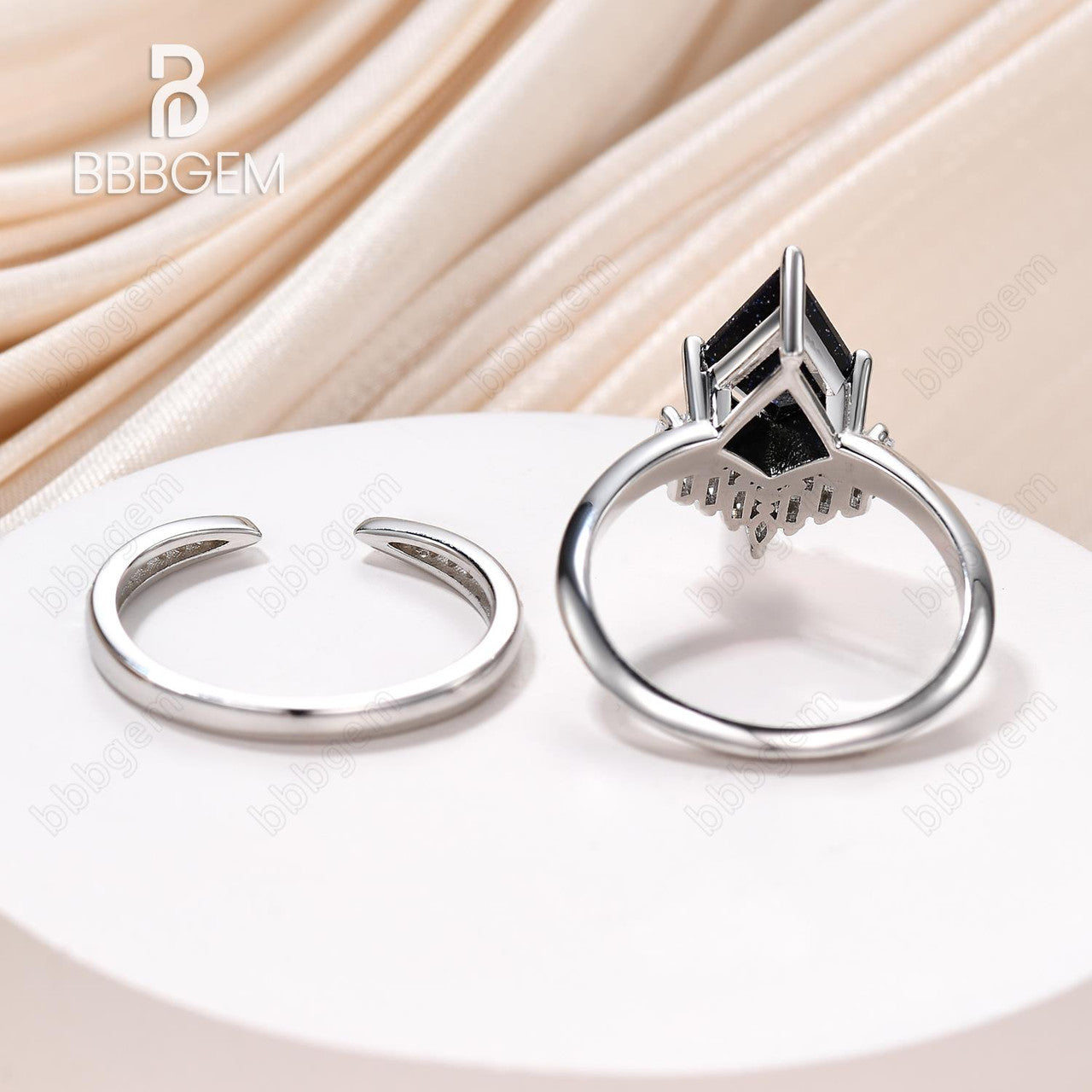 Knife-Edge Kite Blue Sandstone Engagement Ring Vintage Blue Goldstone Horizontal Baguette Moissanite Statement Ring Set Open Gap Pave Diamond Band