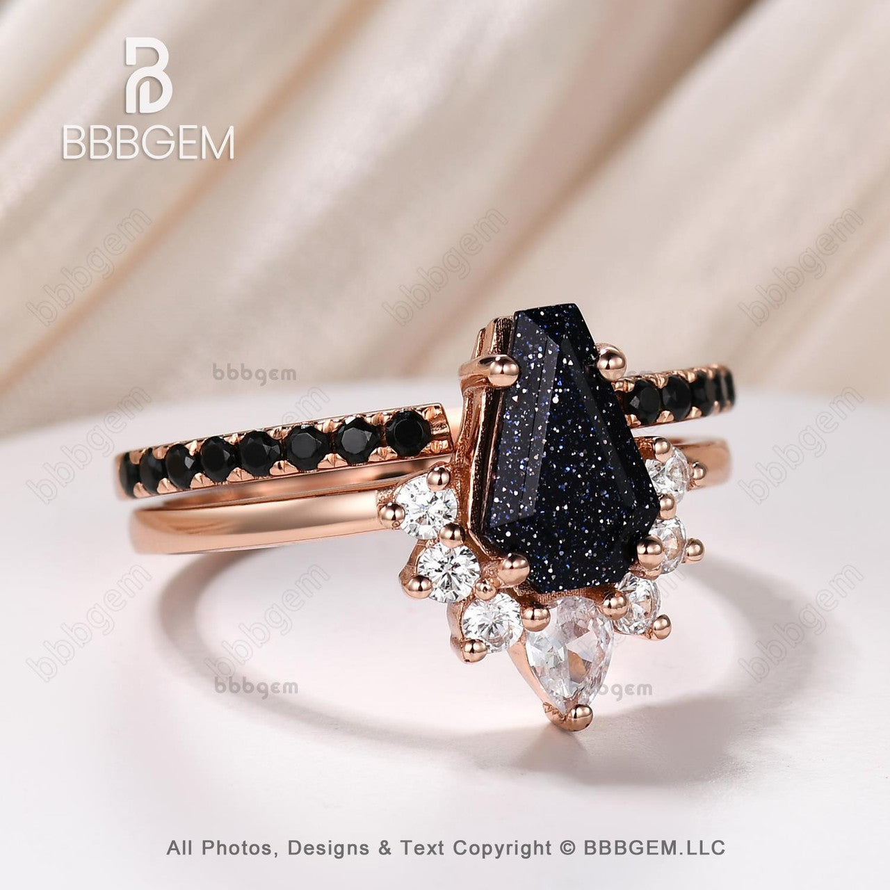 Dark Cluster Coffin Cut Blue Sandstone Wedding Ring Set for Women in Rose Gold Plated Silver Gothic Blue Sandstone Spinel Coffin Engagement Rings Unique Gift  