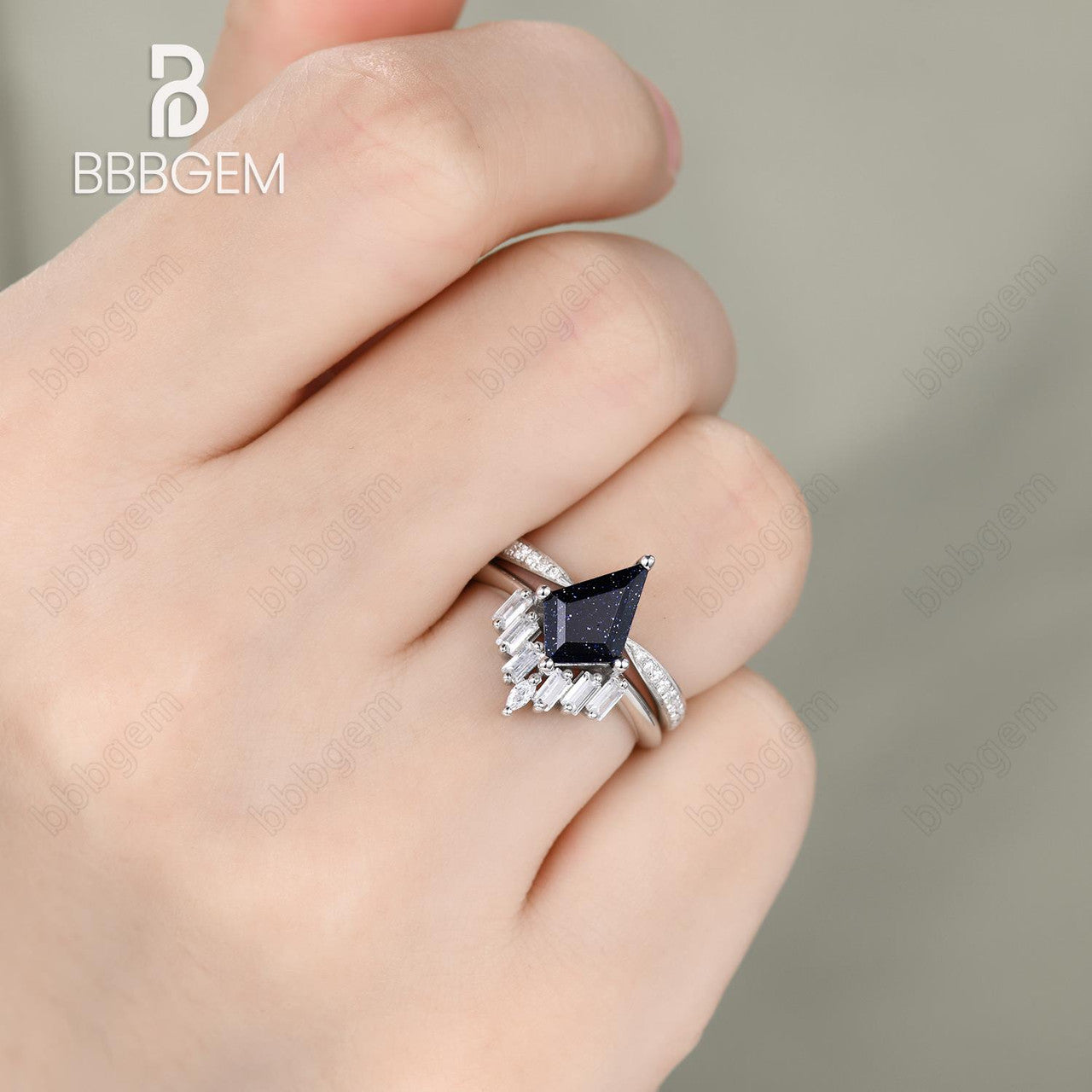 Knife-Edge Kite Blue Sandstone Engagement Ring Vintage Blue Goldstone Horizontal Baguette Moissanite Statement Ring Set Open Gap Pave Diamond Band
