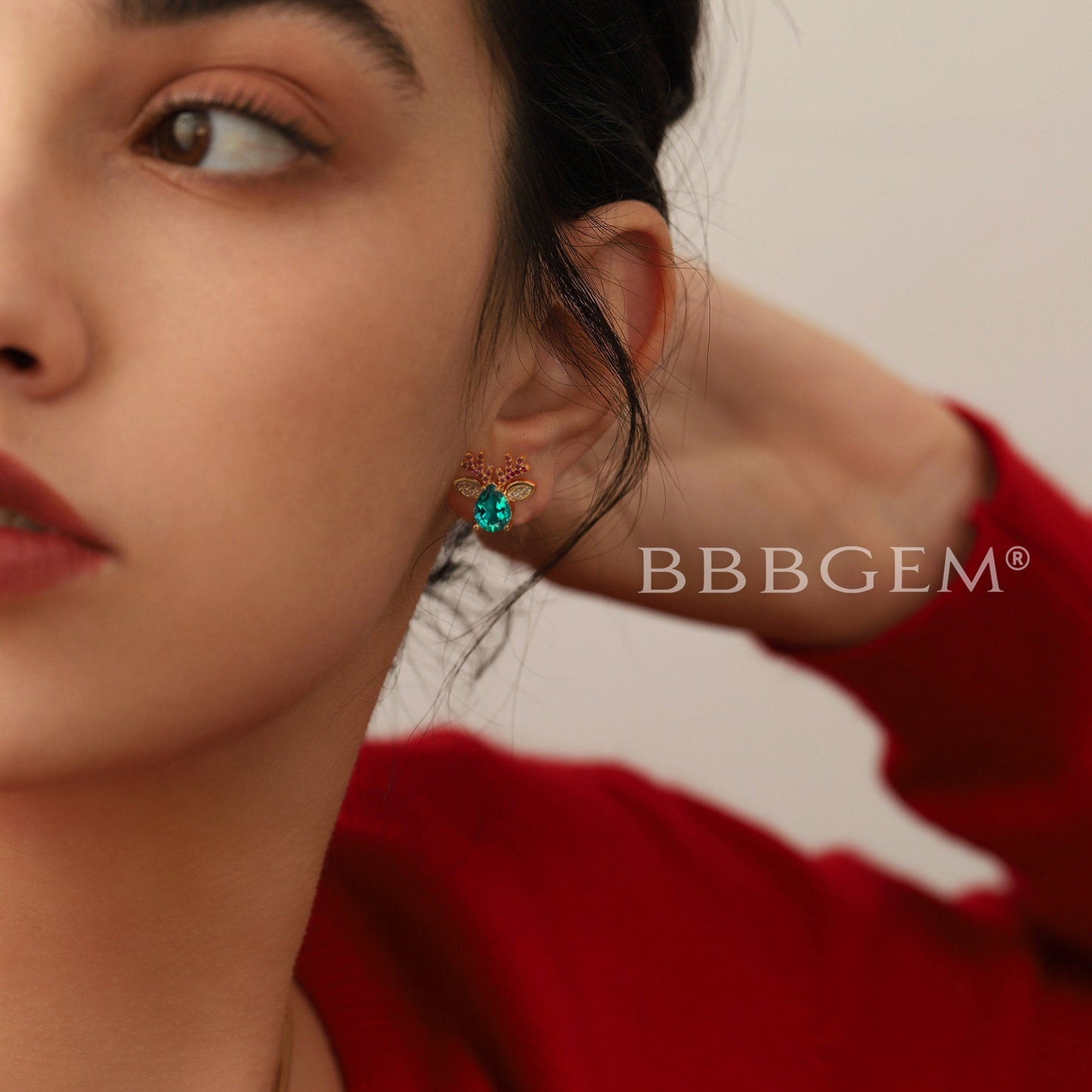Teardrop Cut Emerald Stud Earrings Ruby Diamond Christmas Reindeer Earrings