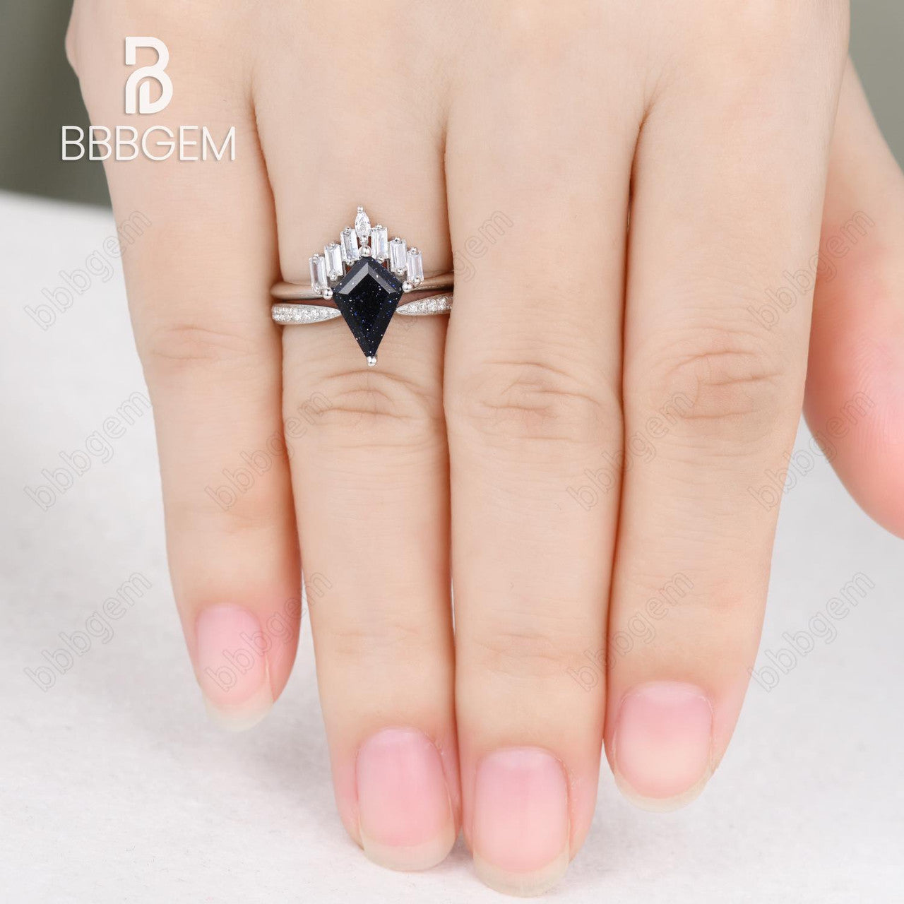 Knife-Edge Kite Blue Sandstone Engagement Ring Vintage Blue Goldstone Horizontal Baguette Moissanite Statement Ring Set Open Gap Pave Diamond Band