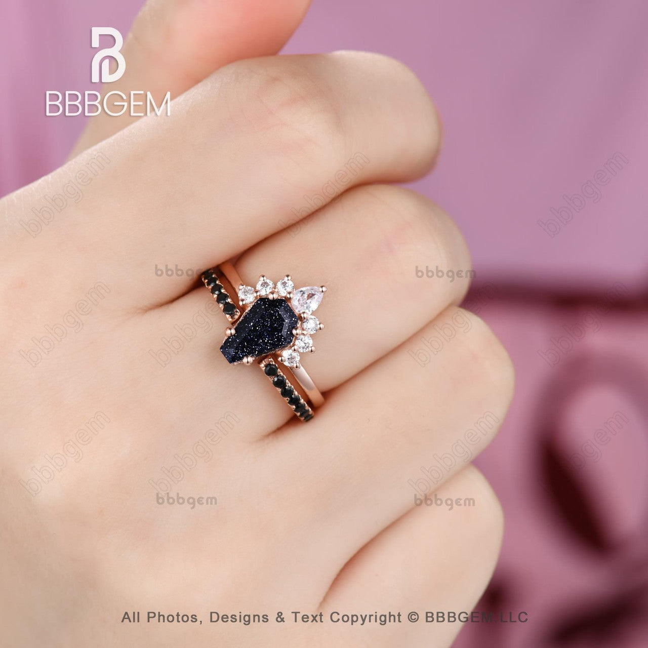 Dark Cluster Coffin Cut Blue Sandstone Wedding Ring Set for Women in Rose Gold Plated Silver Gothic Blue Sandstone Spinel Coffin Engagement Rings Unique Gift  
