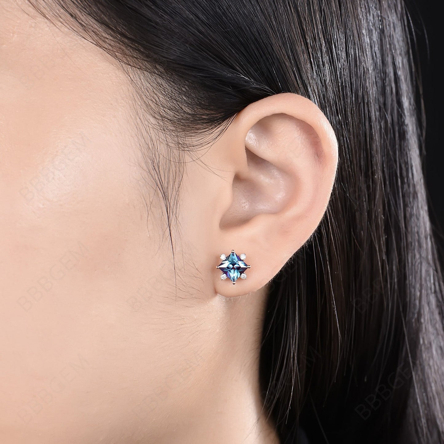 Princess Cut Alexandrite Stud Earrings Flower Earrings Minimalist June Birthstone Jewelry Wedding Earrings
