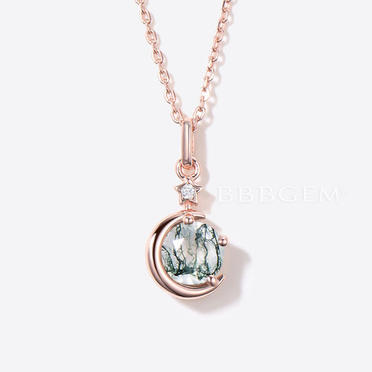 Moon Star Moss Agate Pendant Rose Gold Round Green Moss Charm Necklace