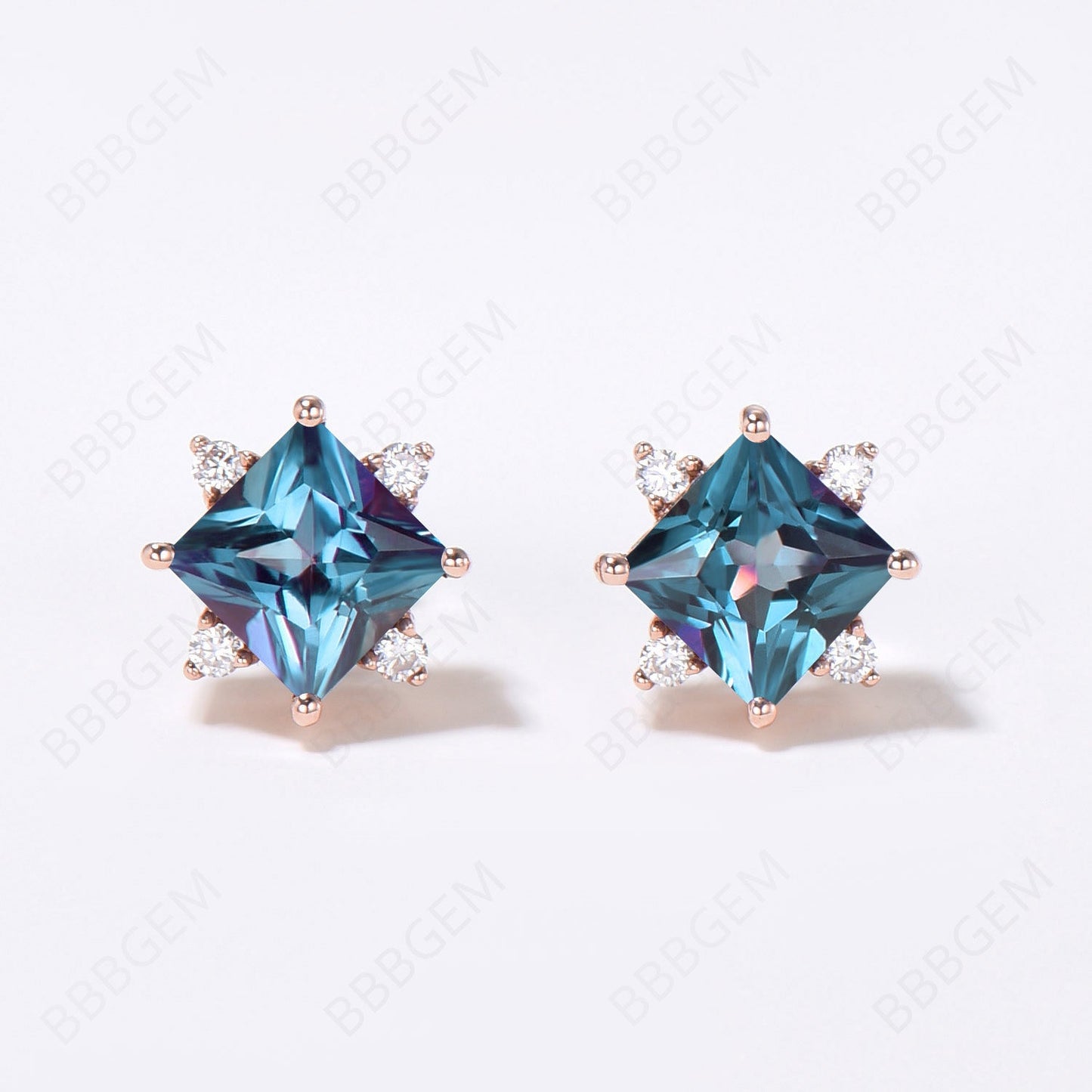 Princess Cut Alexandrite Stud Earrings Flower Earrings Minimalist June Birthstone Jewelry Wedding Earrings