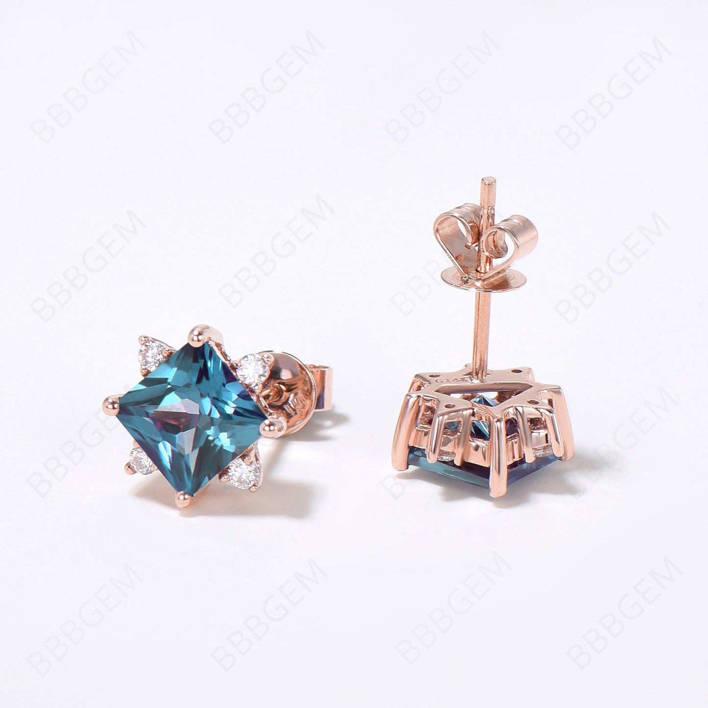 Princess Cut Alexandrite Stud Earrings Flower Earrings Minimalist June Birthstone Jewelry Wedding Earrings