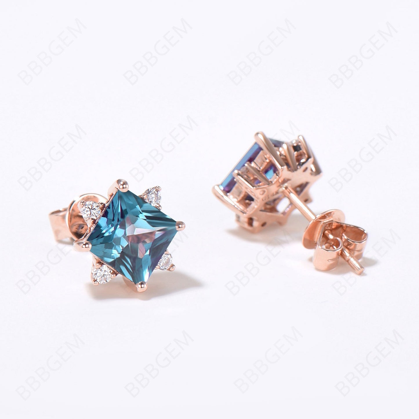 Princess Cut Alexandrite Stud Earrings Flower Earrings Minimalist June Birthstone Jewelry Wedding Earrings