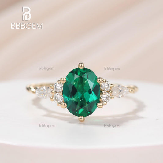 6X8mm Oval Cut Emerald Engagement Ring with Rope Band-Cluster sidestones emerald wedding ring in yellow gold-bbbgem jewelry