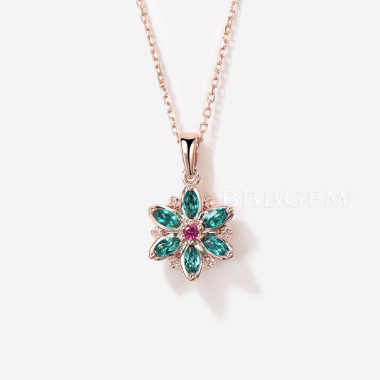 Marquise Cut Emerald Floral Pendant Rose Gold Nature Inspired Necklace