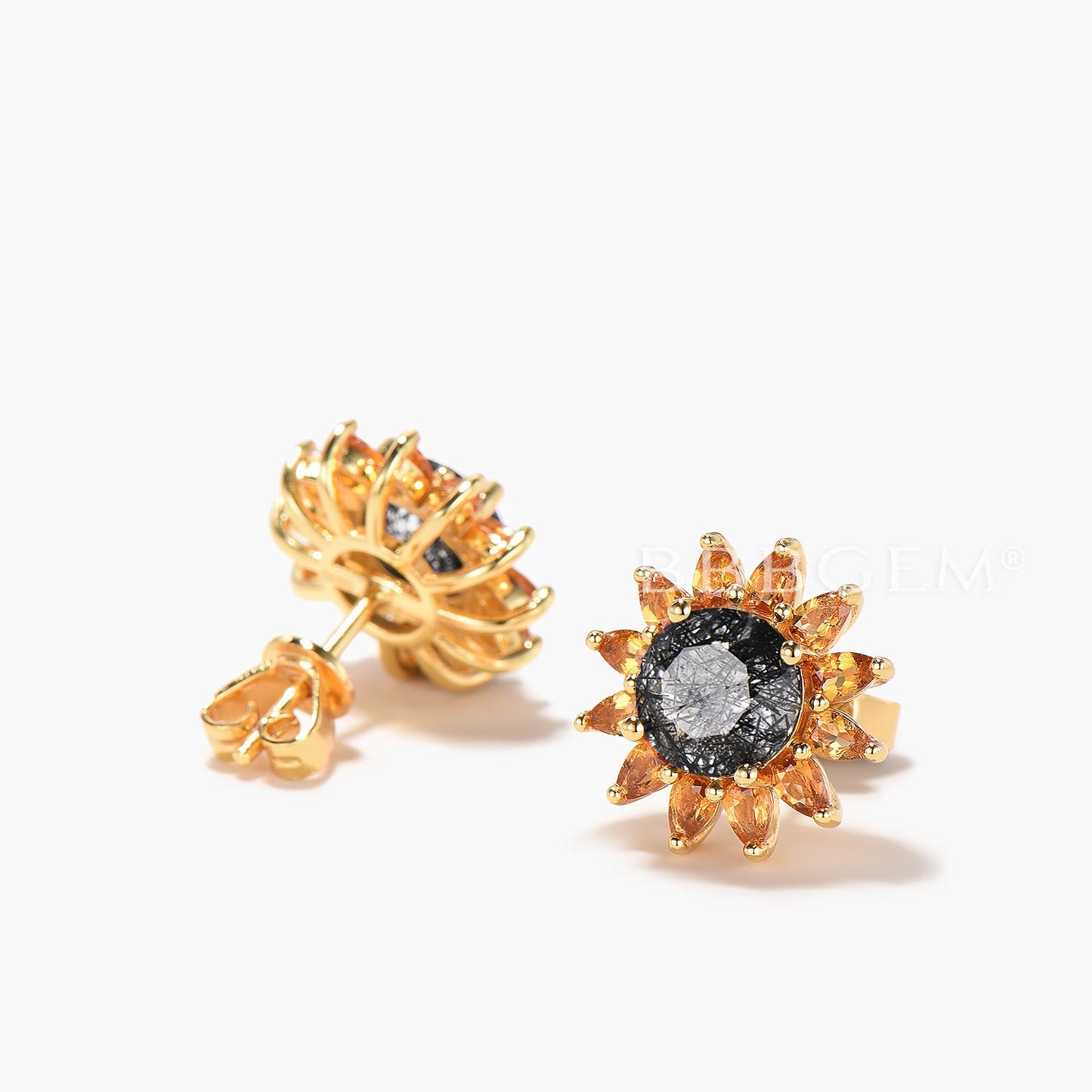 Round Cut Natural Black Rutilated Quartz Stud Earrings Citrine Halo Earrings