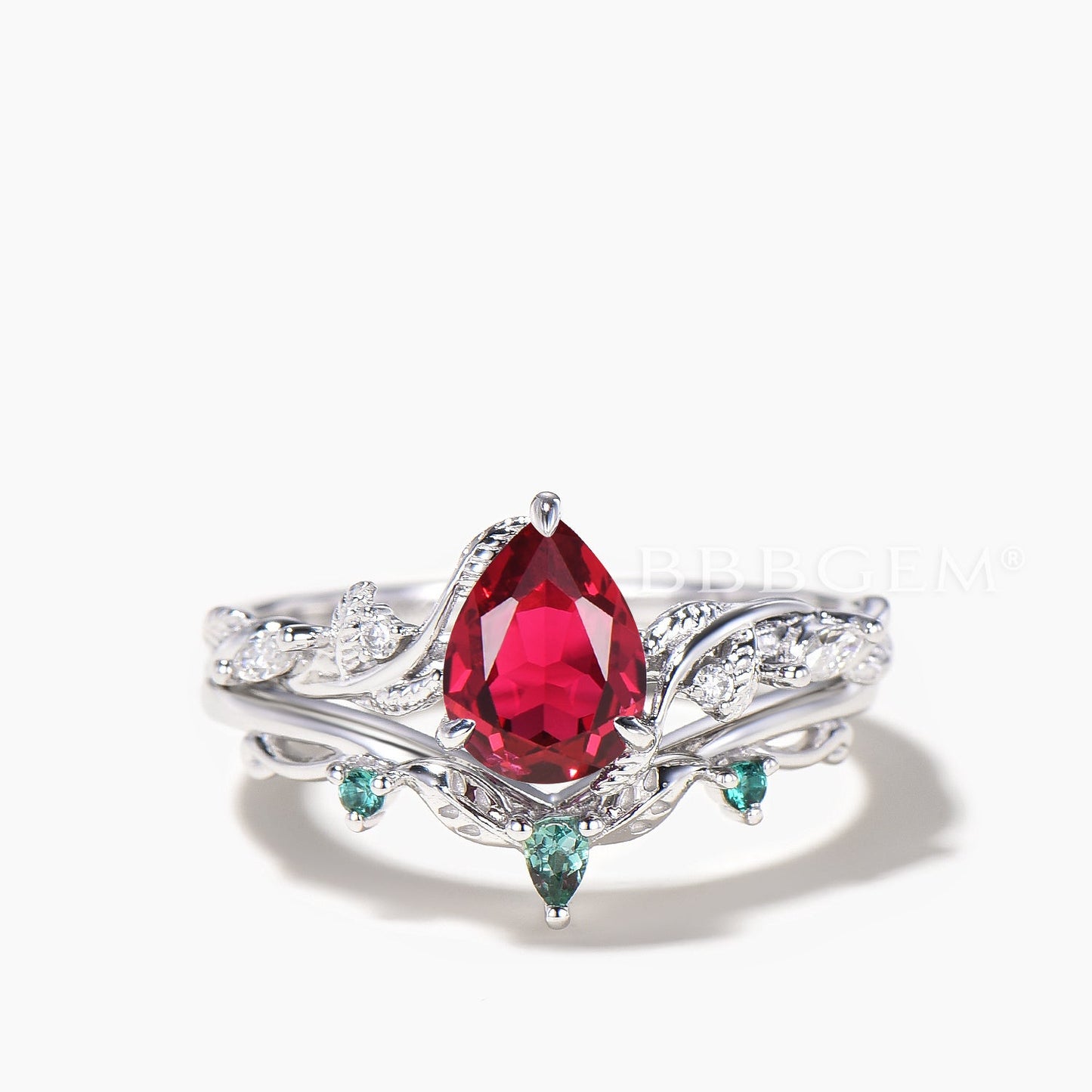 Nature Inspired Ring Set Teardrop Cut Ruby Engagement Ring Emerald Leaf Band